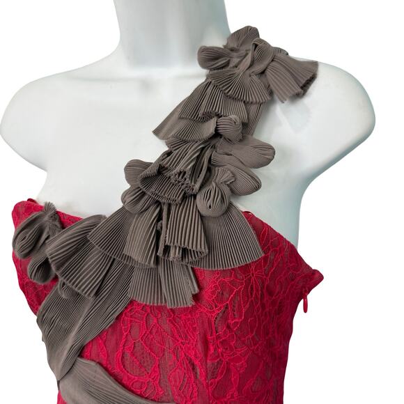 BCBGMAXAZRIA Runway Pink Lace Gray Mesh Ribbon Floral One Shoulder Dress Size 0 - Picture 8 of 12